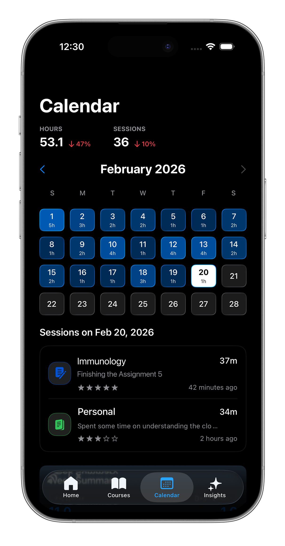 EstudyLog calendar streak view with contribution heatmap and daily study durations